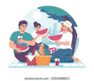 Illustration of enjoying summer. Happy family with children during outdoor recreation activities on summer holidays. Vector illustration
