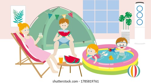 Illustration of enjoying a vacation at home. Children playing in the water in tubes and couples eating cool drinks and watermelons. a happy family 