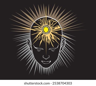 illustration of enlightened mind. Head as a symbol of thinking. Illuminating all around.