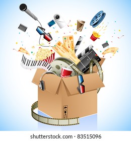 illustration of entertainment and cinema object popping out of carton box