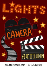 Illustration of Entertainment Elements to Represent Lights, Camera and Action