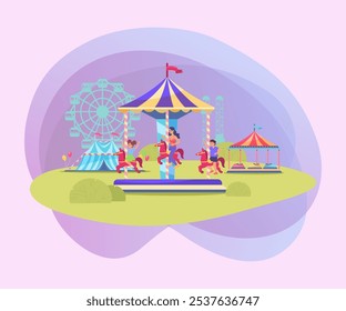 Illustration of entertainment park with merry-go-rounds. Mom with children having fun in park. Entertainment, weekend, family concept