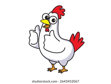 Illustration of an enthusiastic cartoon chicken character with big eyes, happily giving two thumbs up, exuding joy and positivity