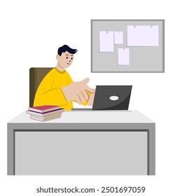 Illustration of an enthusiastic man writing articles with reference books. cartoon, flat vector