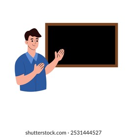 Illustration of enthusiastic smiling male teacher with black chalkboard, flat style vector isolated on white background. Happy teachers' day