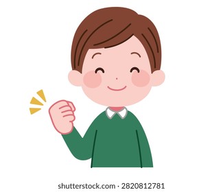 An illustration of a enthusiastic young man making a fist pump with a happy smile. Perfect for expressing motivation, confidence, goal achievement, positive attitude toward healthcare or fitness, and supportive team messages.