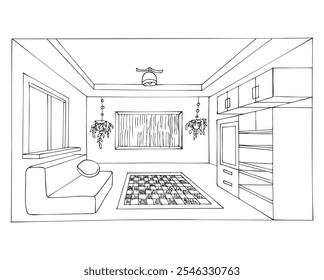 Illustration of an entrance hall, living room, hall in a hand-drawn style. Coloring page.