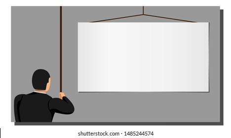 illustration of an entrepreneur pulling a string on a blank template screen. eps10 vector file