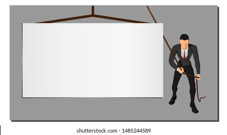 illustration of an entrepreneur pulling a string on a blank template screen. eps10 vector file