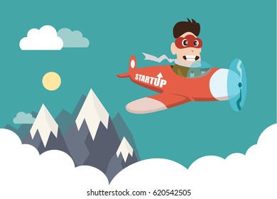 Illustration of entrepreneurship, start up business man concept. Character design of investor with cloud mask control airplane.