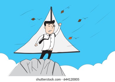Illustration of entrepreneurship, start up business man prepare to fly on cliff edge, risk management concept.