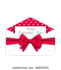 Illustration Envelope with Celebration Card and Pink Bow Ribbon for Valentines Day. White Letter Isolated on White Background - 