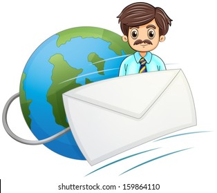 Illustration of an envelope in front of the businessman with a mustache on a white background