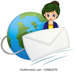 Illustration of an envelope in front of the woman above the globe on a white background