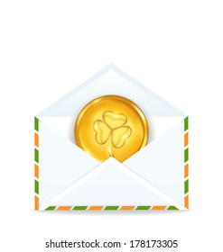 Illustration envelope with golden coin for St. Patrick's Day - vector