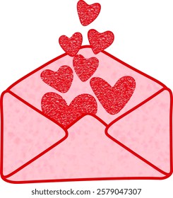 An illustration of an envelope with hearts flying out. The envelope is opened and the hearts, done in a textured style, rise up, creating a feeling of warmth and love.