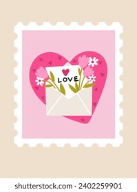 Illustration with an envelope with a love letter and flowers on a heart background. Greeting card in the form of a postage stamp. Valentine's Day.