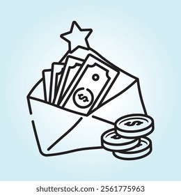 Illustration of an envelope overflowing with money and coins, representing financial success and prosperity.