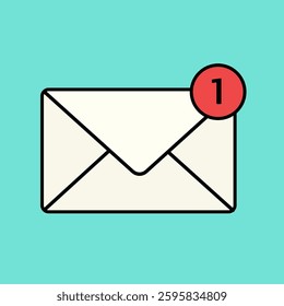 Illustration of an envelope with a red notification badge. Email icon with a new message alert. Simple, flat design of a mail notification on a teal background. Cute vector illustration.