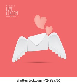 Illustration envelope with wings like Cupid Sending love and heart.Valentine's Day. letter  icon symbol simple abstract on red background. vector.