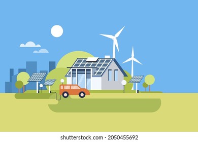 Illustration of an environment friendly modern house using renewable sources of energy