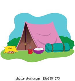 Illustration of an environment, Tent in the countryside landscape. Ideal for catalogs, informative and institutional material