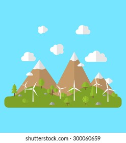 Illustration Environment with Wind Generators, Green Valley, Trees, Mountain, Blue Sky. Concept of Alternative Energy Sources - Vector