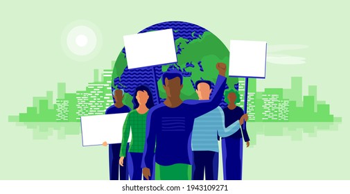 Illustration of environmental activists against climate change. Group of people protesters standing together to save the Earth planet with blank banner boards. People taking part in parade or rally.