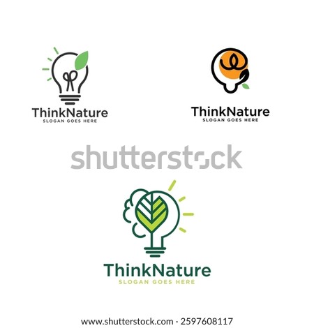 Illustration of environmental awareness logo designs combining leaves, light bulbs, and eco-friendly themes, emphasizing creativity, sustainability, and synergy between technology and nature.