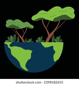 Illustration of environmental icons, trees, sun and buildings.