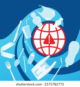 Illustration of epidemic plastic pollution, a globe surrounded by wave of plastic waste like bottle, bag, and cutlery. Ideal for environmental campaign, sustainability topic, and awareness project.