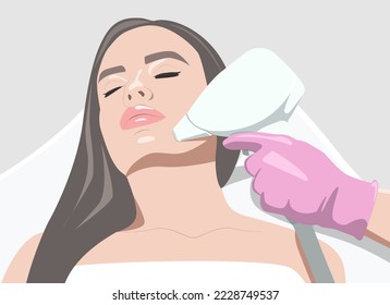 Illustration. Epilation hair removal procedure on a woman’s face. Beautician doing laser rejuvenation in a beauty salon. Removing unwanted body hair. 