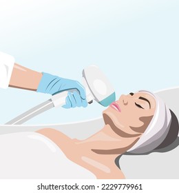 Illustration. Epilation hair removal procedure on a woman’s face. Beautician doing laser rejuvenation in a beauty salon. Removing unwanted body hair. 