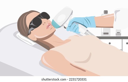 Illustration. Epilation hair removal procedure on a woman’s face. Beautician doing laser rejuvenation in a beauty salon. Removing unwanted body hair. 