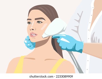 Illustration. Epilation hair removal procedure on a woman’s face. Beautician doing laser rejuvenation in a beauty salon. Removing unwanted body hair.