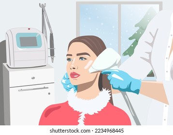 Illustration. Epilation hair removal procedure on a woman’s face. Beautician doing laser rejuvenation in a beauty salon. Removing unwanted body hair. 