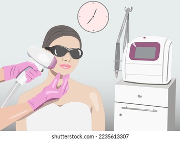 Illustration. Epilation hair removal procedure on a woman’s face. Beautician doing laser rejuvenation in a beauty salon. Removing unwanted body hair. 