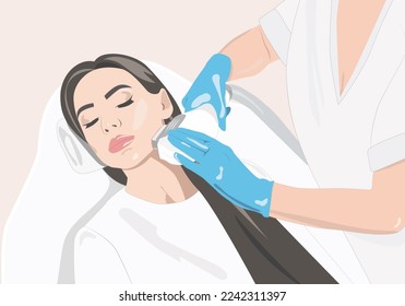 Ilustración. Procedimiento de depilación en la cara de la mujer. Beautician haciendo rejuvenecimiento láser en un salón de belleza. Eliminando el pelo corporal no deseado. 