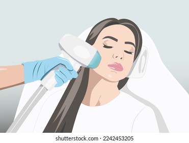 Illustration. Epilation hair removal procedure on a woman’s face. Beautician doing laser rejuvenation in a beauty salon. Removing unwanted body hair. 