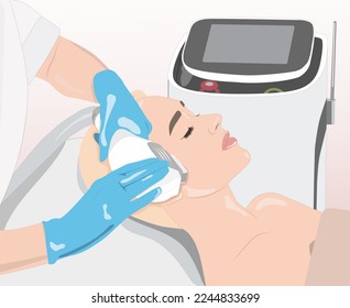 Illustration. Epilation hair removal procedure on a woman’s face. Beautician doing laser rejuvenation in a beauty salon. Removing unwanted body hair.	
