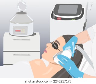 Illustration. Epilation hair removal procedure on a woman’s face. Beautician doing laser rejuvenation in a beauty salon. Removing unwanted body hair.	
