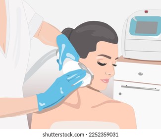 Illustration. Epilation hair removal procedure on a woman’s face. Beautician doing laser rejuvenation in a beauty salon. Removing unwanted body hair.