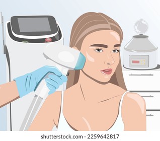 Illustration. Epilation hair removal procedure on a woman’s face. Beautician doing laser rejuvenation in a beauty salon. Removing unwanted body hair