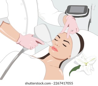 Illustration. Epilation hair removal procedure on a woman’s face. Beautician doing laser rejuvenation in a beauty salon. Removing unwanted body hair	