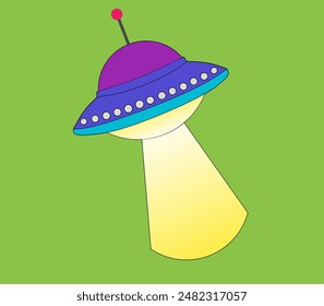 Illustration eps of a UFO spaceship emitting searchlights on a green background 