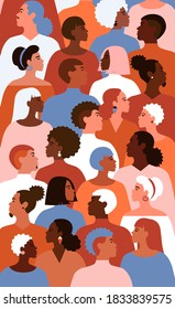 Illustration of equality people with different gender and colour of skin in society. Profile of multicultural people.