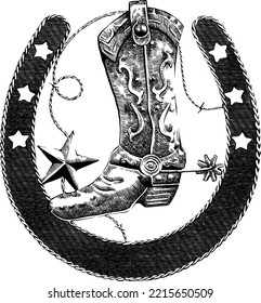 illustration of equipment for cowboys, there are shoes, ropes and horseshoe.