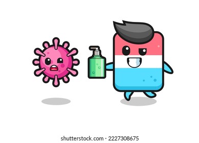 illustration of eraser character chasing evil virus with hand sanitizer , cute style design for t shirt, sticker, logo element