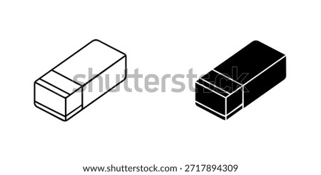 Illustration of an eraser, presented in both outline and solid black versions isolated on