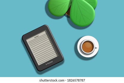 an illustration of e-reader, a cup of coffee and a plant on the pot in top view